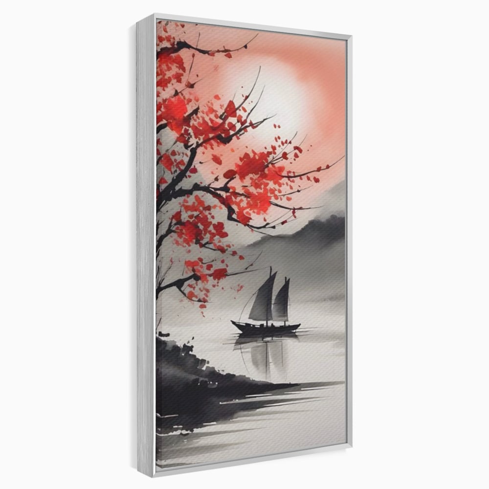 Tablou canvas cu tablou canvas cu barca si copac rosu, in rama de aluminiu argintiu